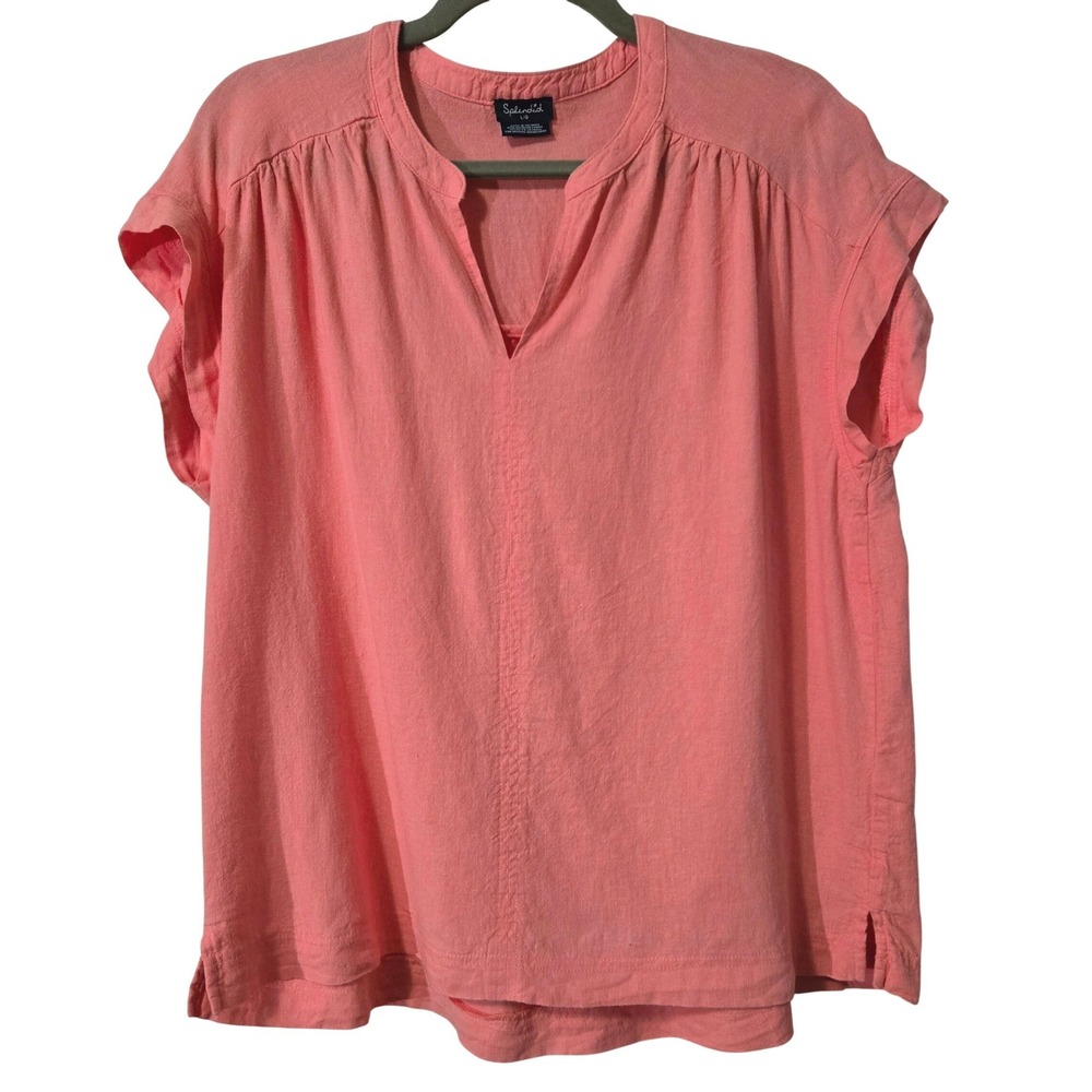 Chic Boho Linen Splendid Coral Pink Blend V-Neck Cap Sleeve Blouse Women's LG